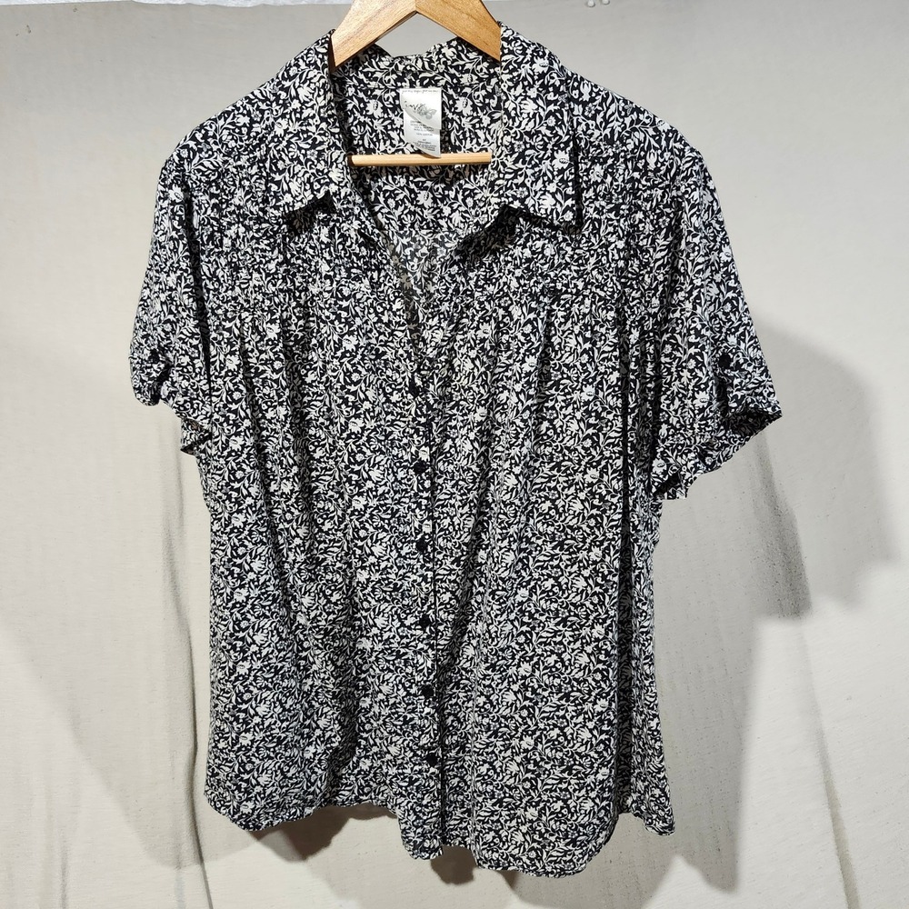 Just My Size Women 4X Floral Button Down Shirt Cotton Short Sleeve Black & White
